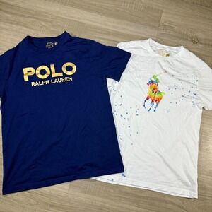 Lot of 2 Polo Ralph Lauren T-Shirts Blue Gold White Colorful Graphic Pony Kids L